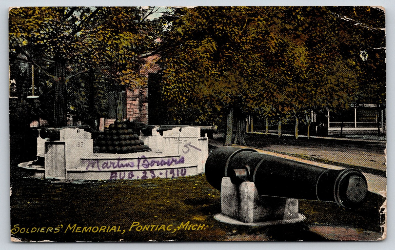 Pontiac Michigan~Soldiers Memorial St View~Cannon~Covered Bridge~1910 Postcard