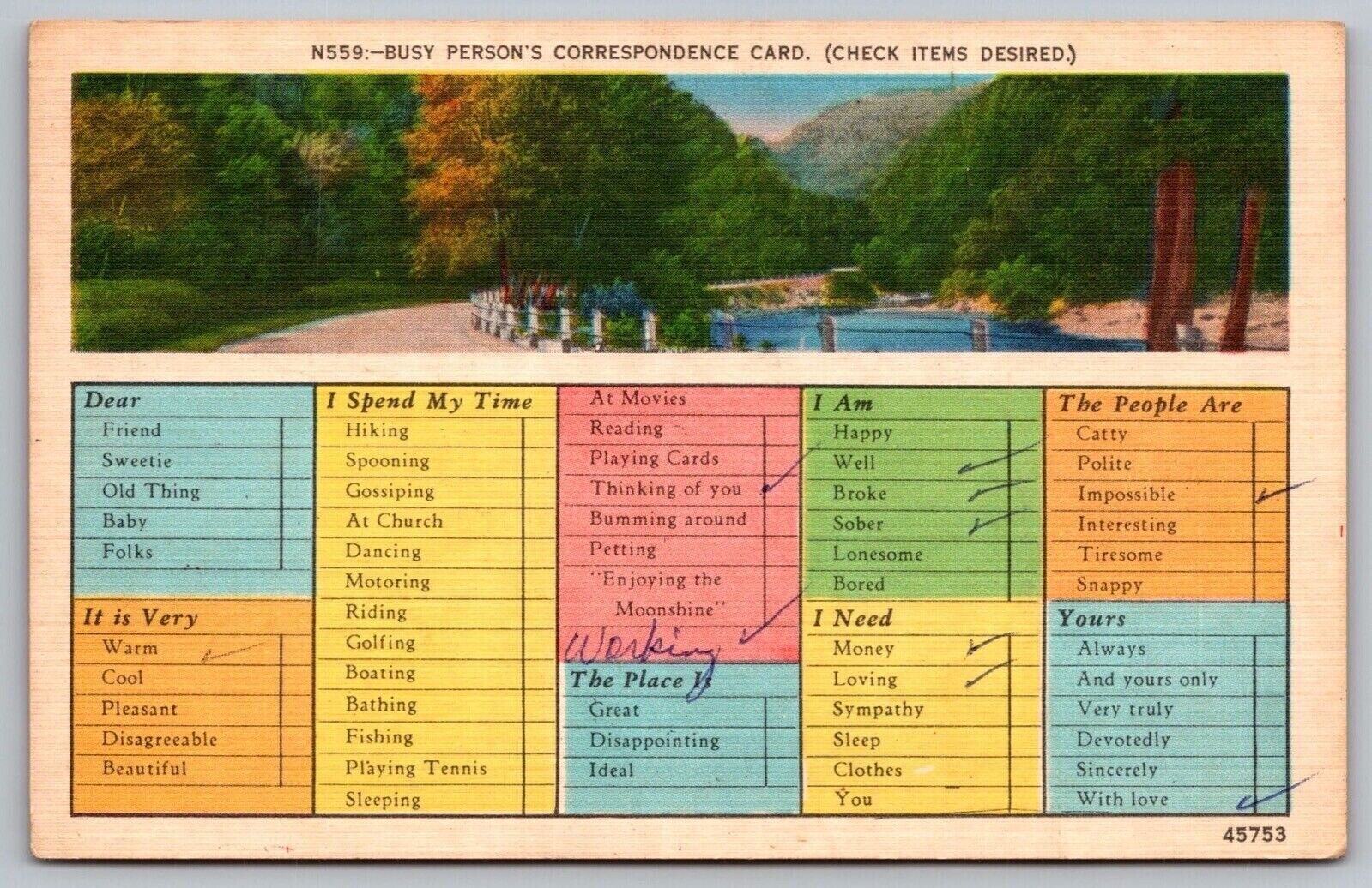 Busy Persons Correspondence Card Country Road Forest Mountain VTG UNP Postcard