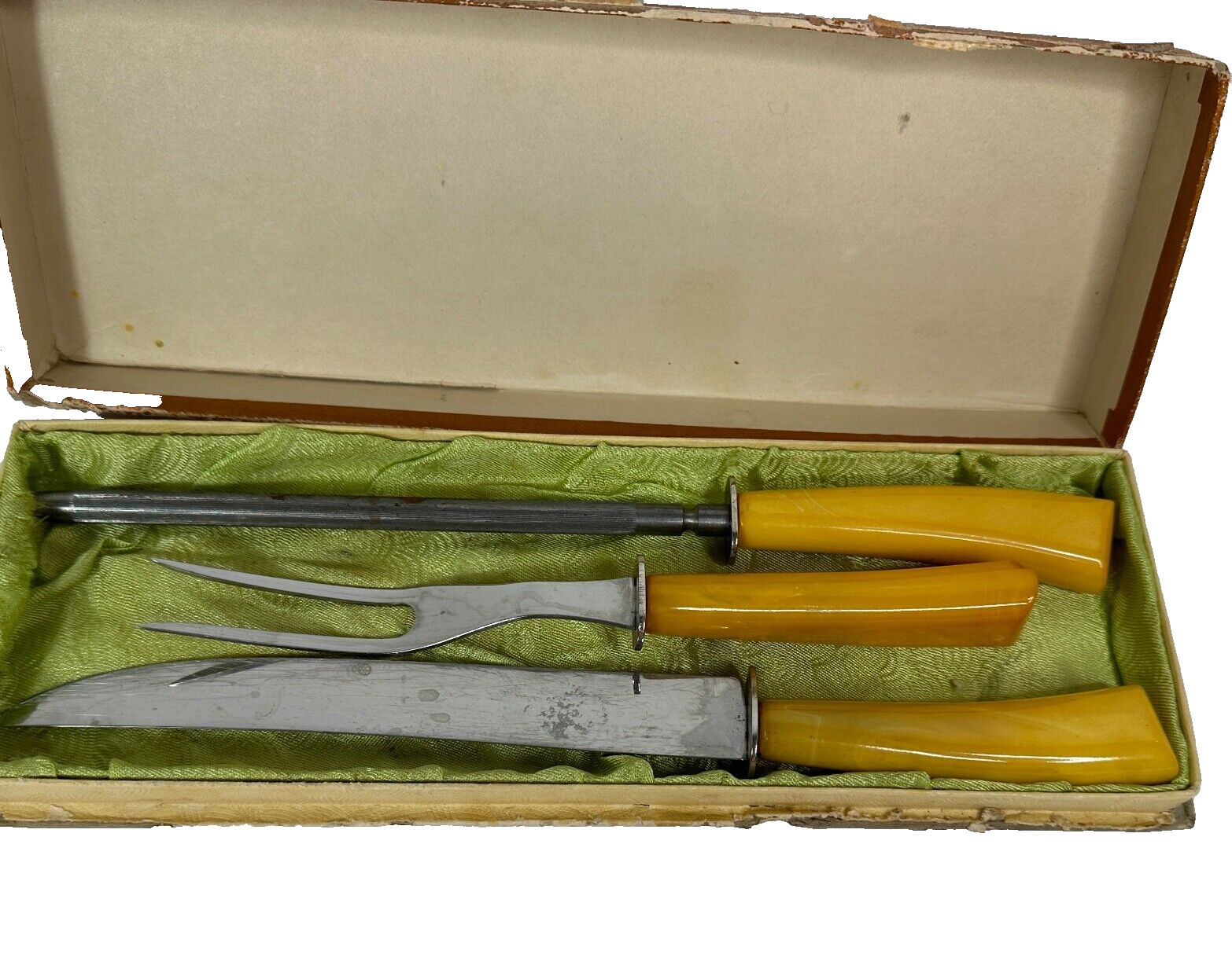 VTG Butterscotch Bakelite Geneva  Forge Stainless 3 Pc Cutlery Carving Set BOX