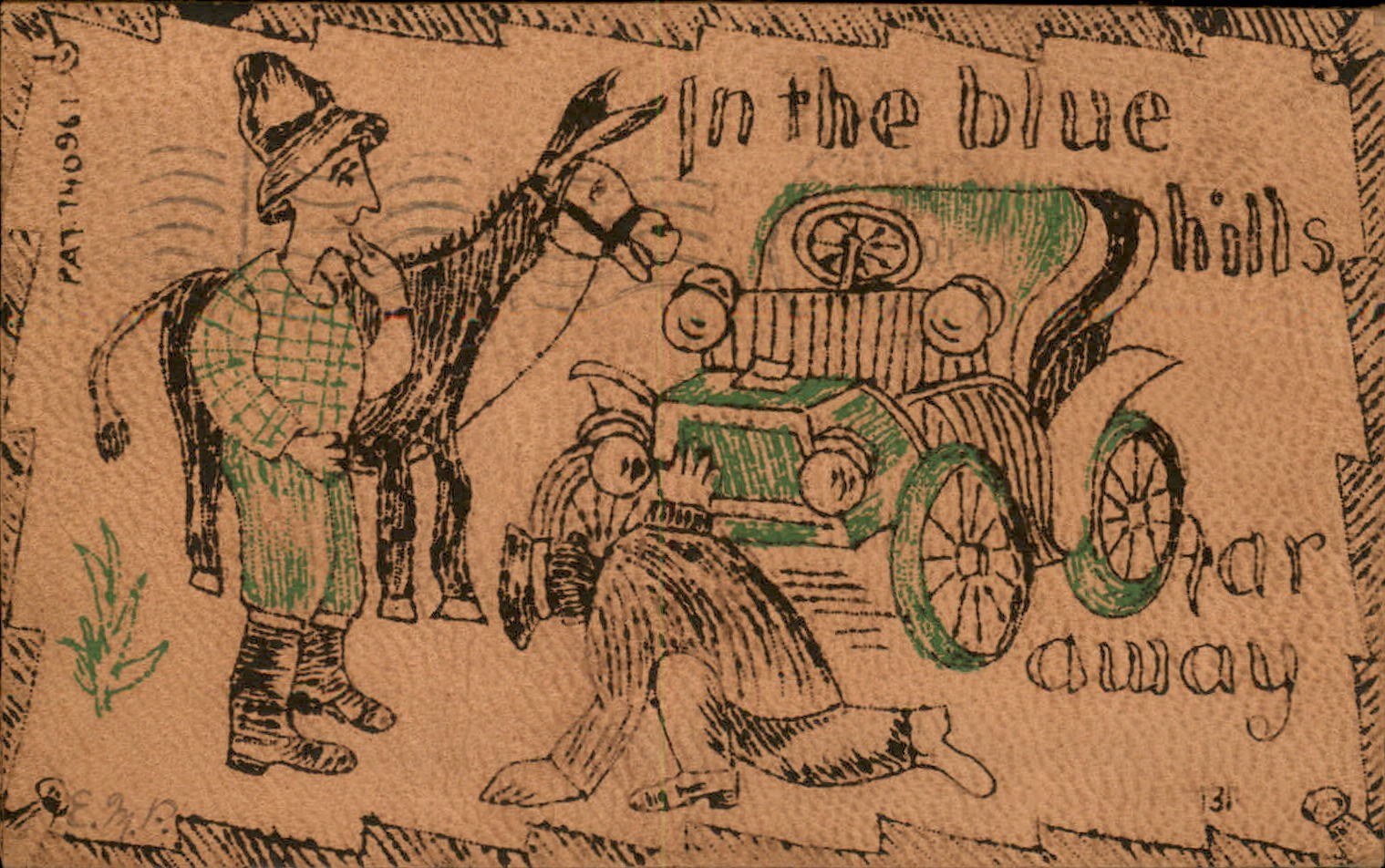Leather Novelty Blue Hill Broken Down Car Comic c1900s-10s Vintage Postcard