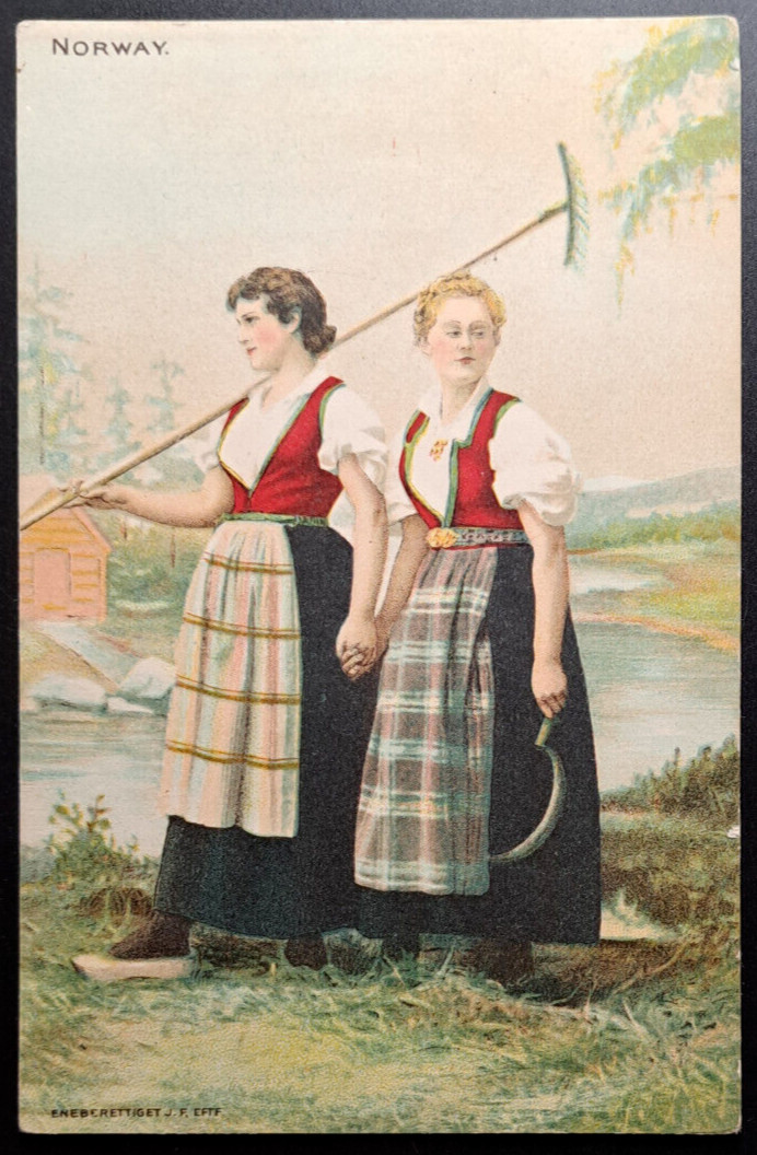 1907 Norway Two Women in Traditional Norwegian Folk Costumes Holding Hands