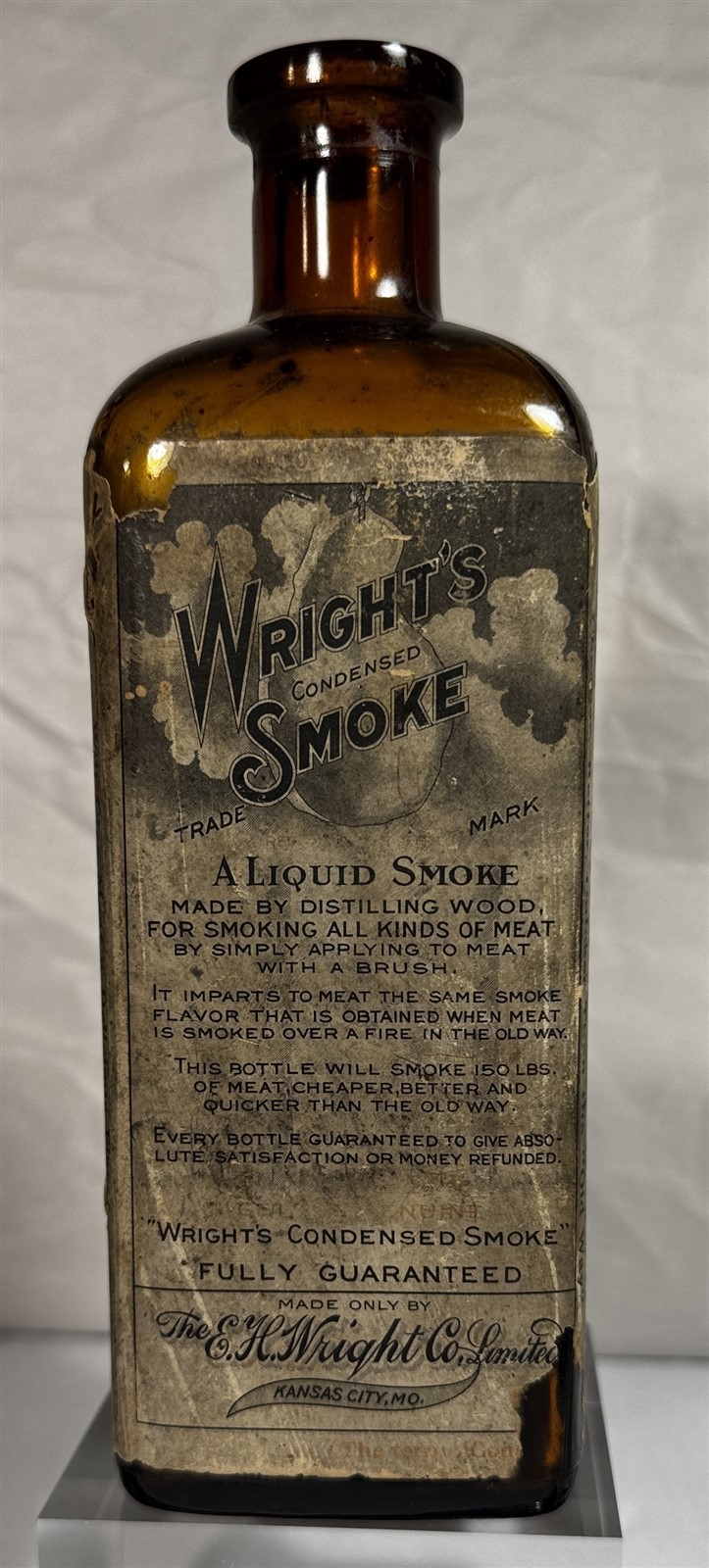 Antique Wright’s Condensed Smoke Amber Bottle w/ Label Kansas City