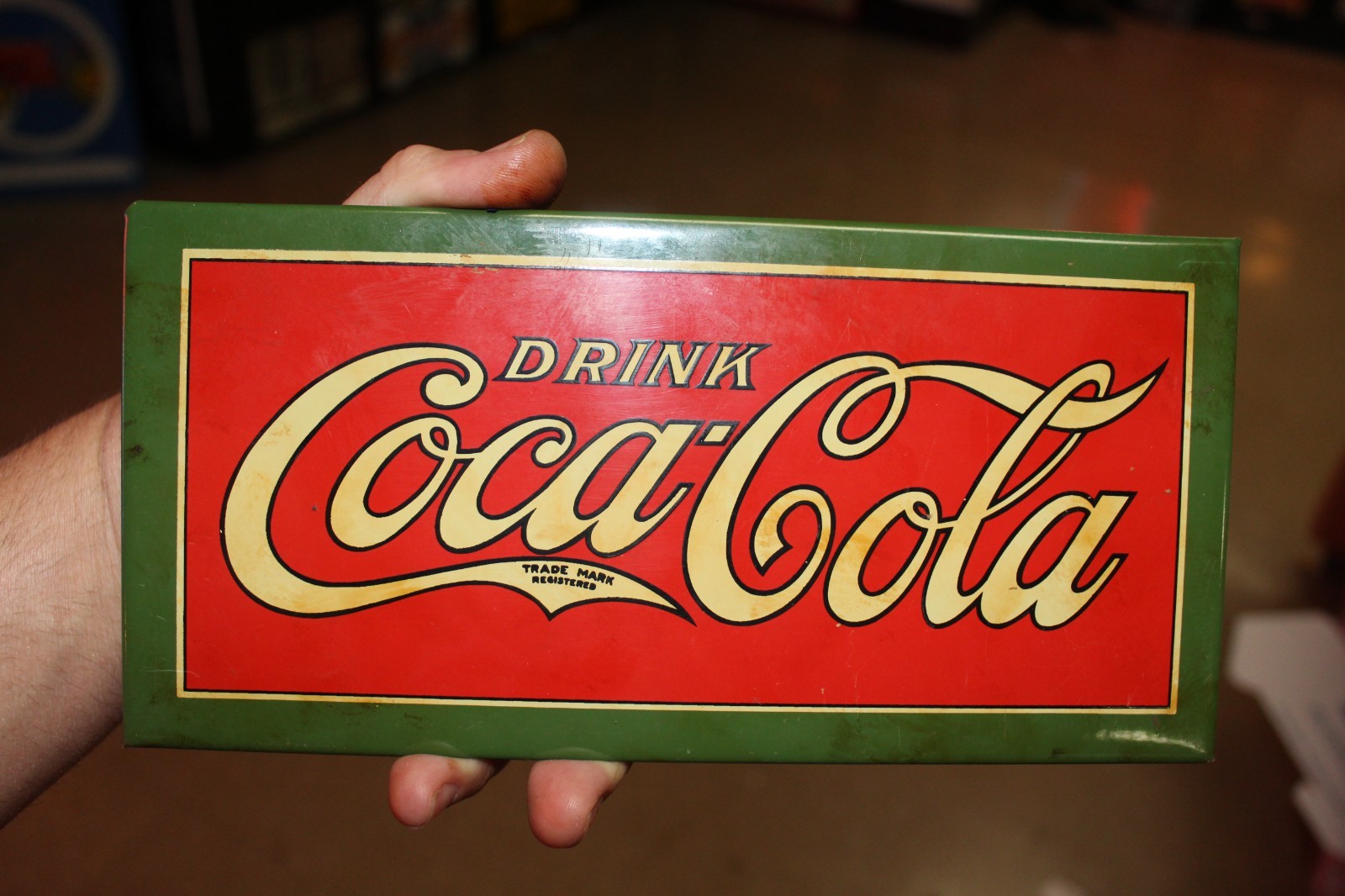 SCARCE 1930s DRINK COCA COLA PAINTED METAL DEALER TOC SIGN GREEN COKE BOTTLE POP
