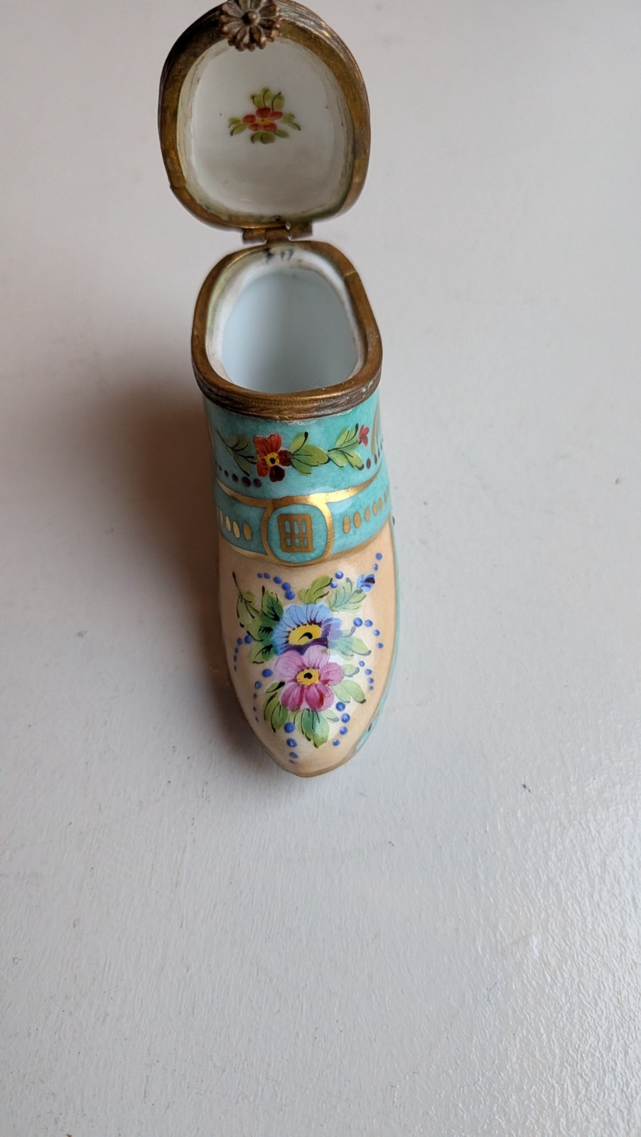 Limoge Box - Vintage French Porcelain Shoe Trinket Box Hand Painted Hinged Pill 