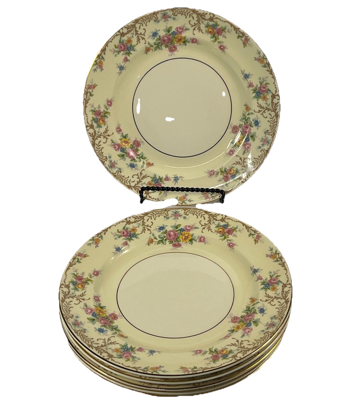 6 Steubenville USA Salad Plates VTG 1930s Pale Yellow Floral Border Gold Trim