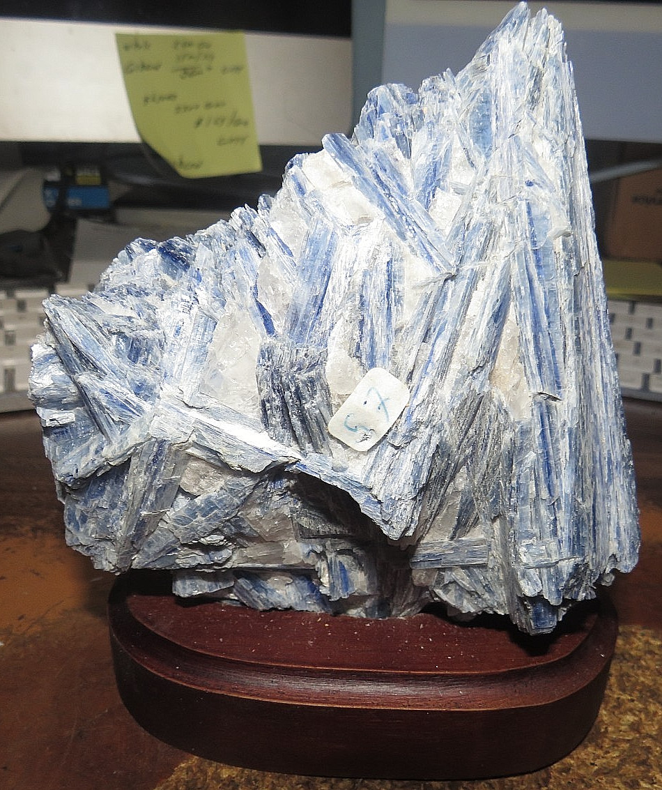 GORGEOUS HUGE 4.5 lb. SPECIMEN OF BLUE KYANITE IN A WOOD STAND