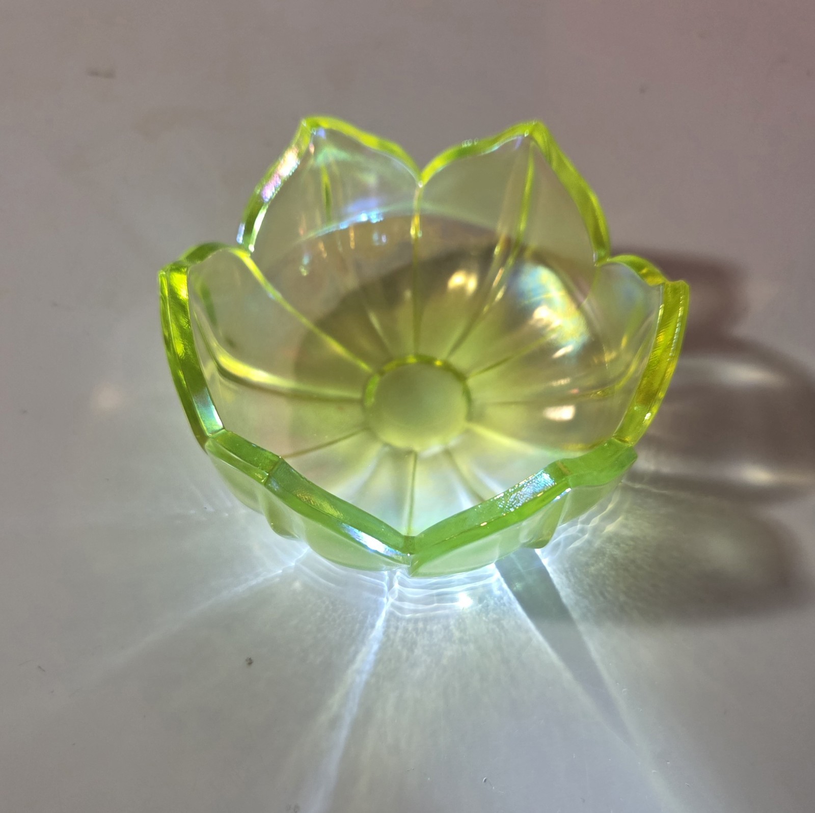 Vintage~GLOWS ~Carnival Vasoline glass ~Lotus Master Salt Dip~3 Vintage~GLOWS ~Carnival Vasoline glass ~Lotus Master Salt Dip~3