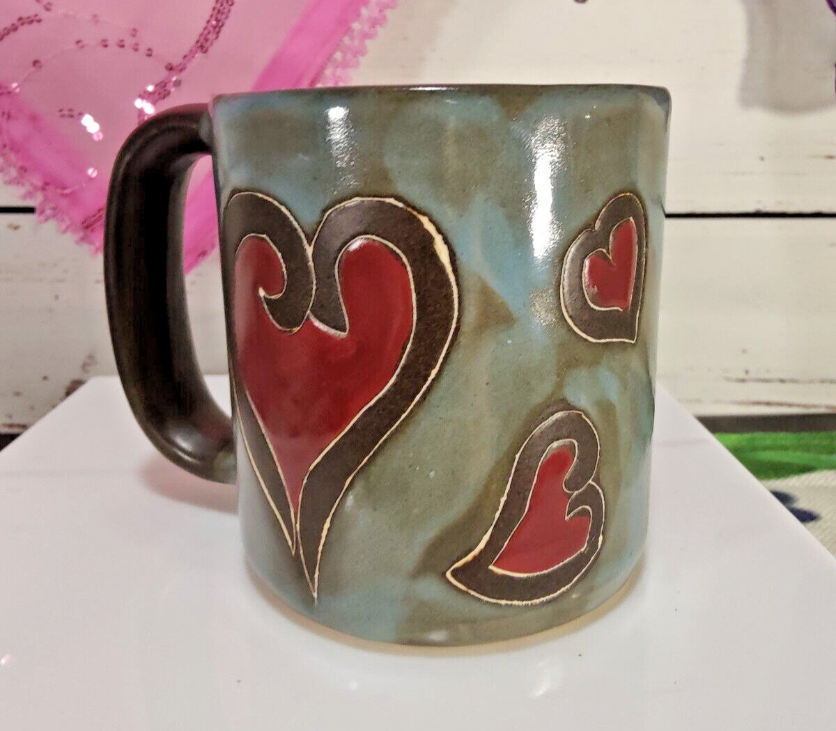 Mara of Mexico Stoneware Art Pottery Red Hearts Teal and Black Large Coffee Mug