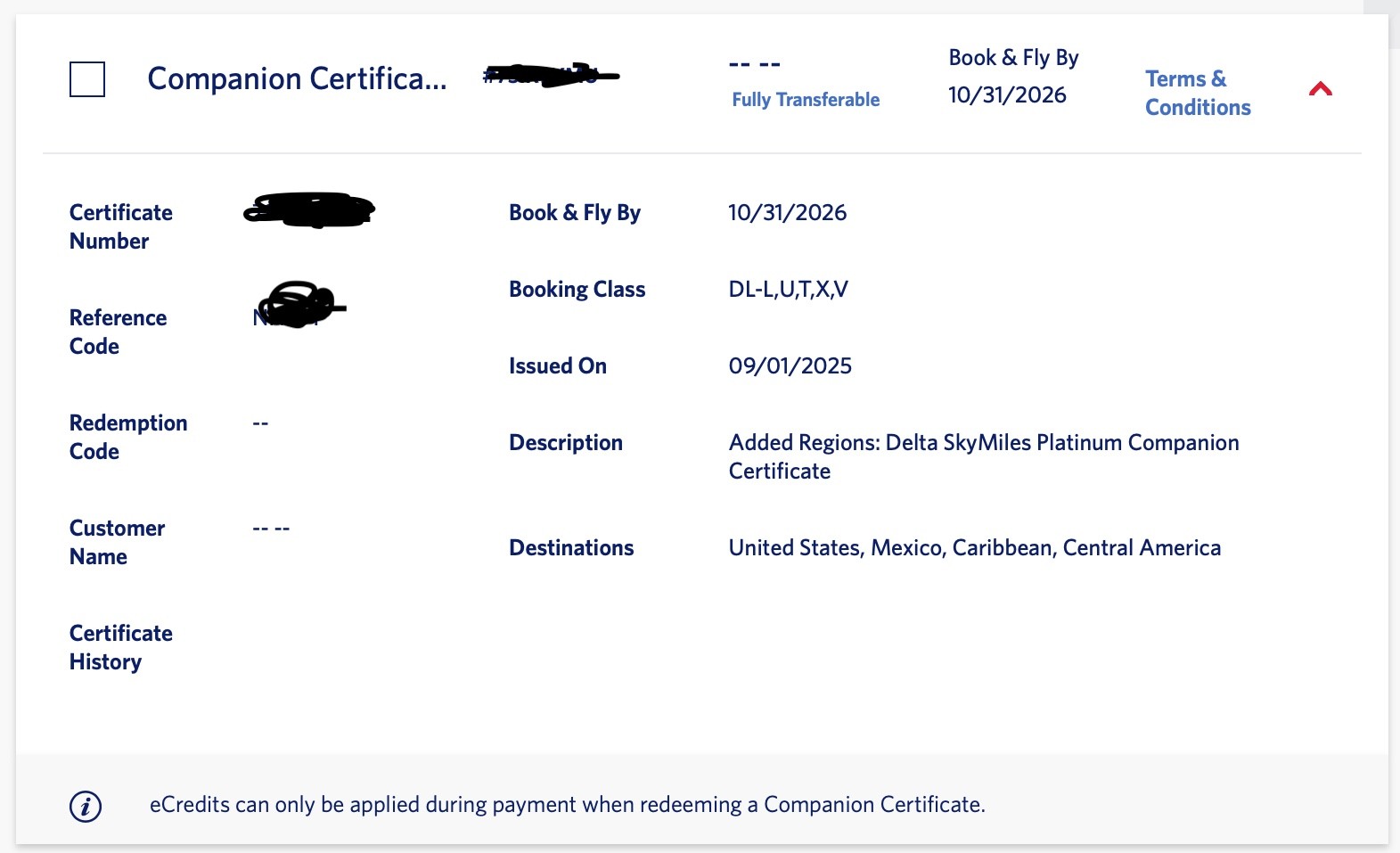 Delta Airlines Companion Certificate - Fully Transferable Valid til 10/31/2026