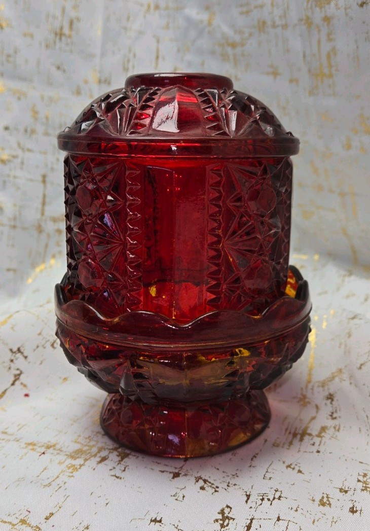 Vintage Indiana Glass Large Ruby Red Stars & Bars Fairy Lamp 6.5