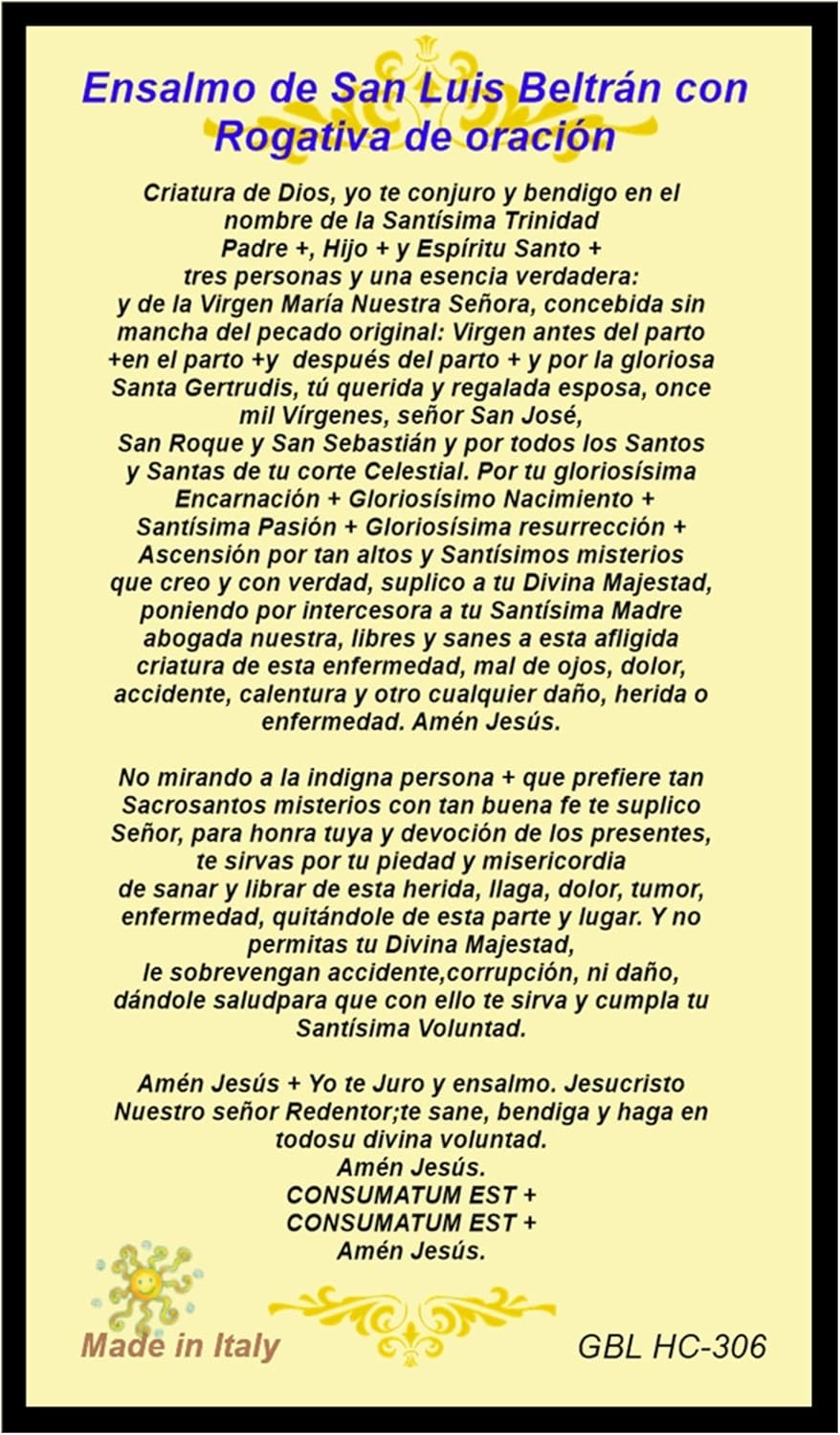 San Luis Beltran Tarjeta de Rezo Italiana Oracion con Ensalmo y Rogativa