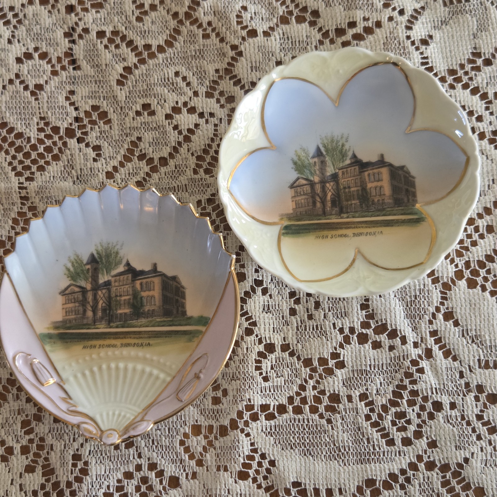 Antique Denison, Iowa High School Pair of Trinket Plates Wheelok Weimar Germany