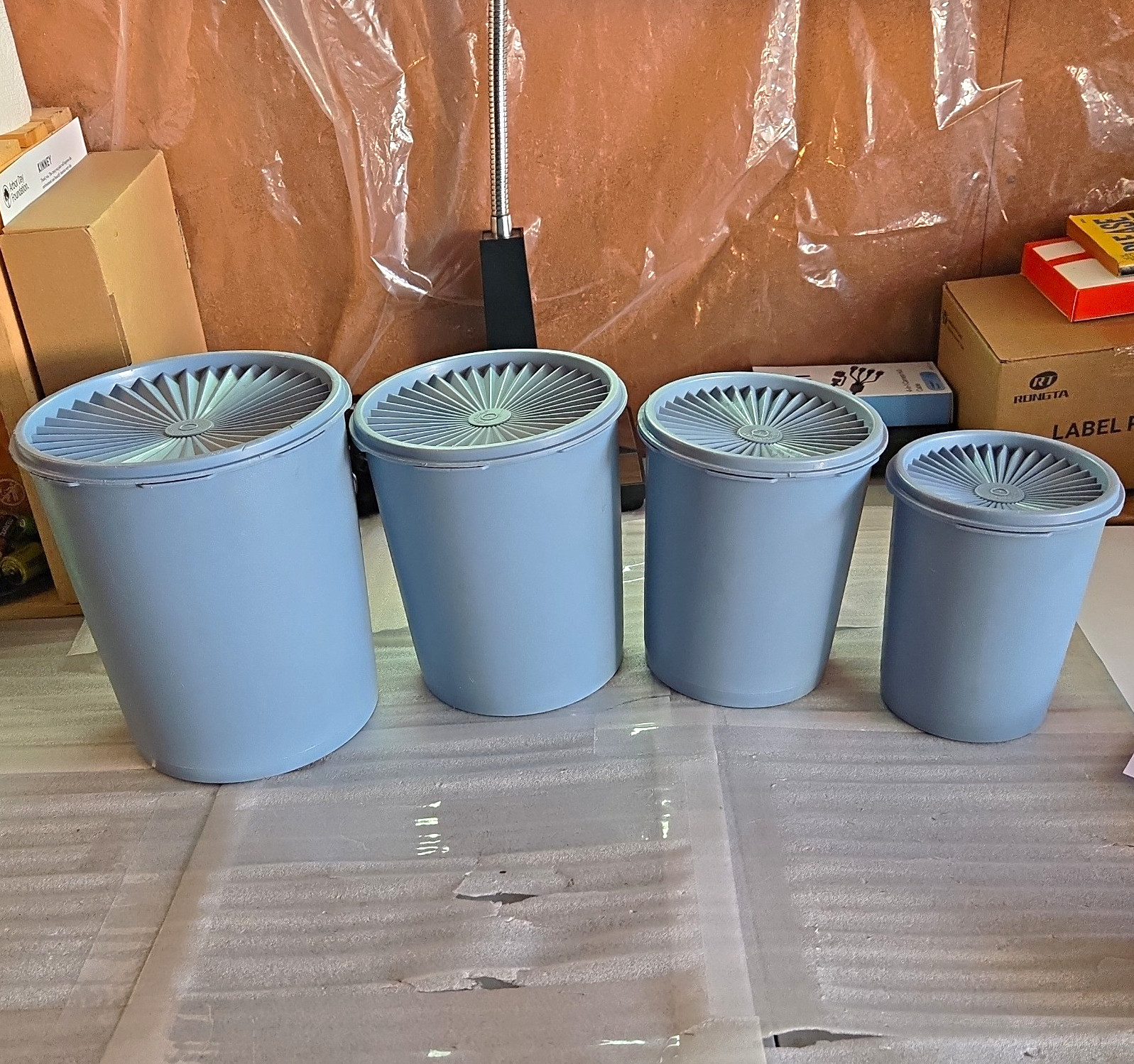 Tupperware Blue Plastic Canister Set w/ Lids 4pc Round 9x8x8