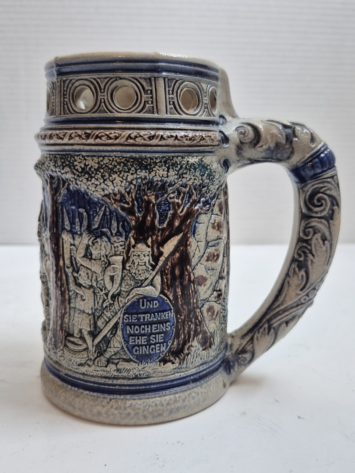 German Puzzle Trick Mug VTG Beer Stein Stoneware Salt Glaze Cobalt Blue Relief