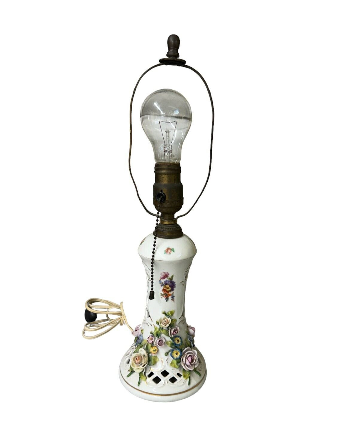 Vintage Dresden Style Porcelain Table Lamp - Delicate Floral Design - Pull Chain