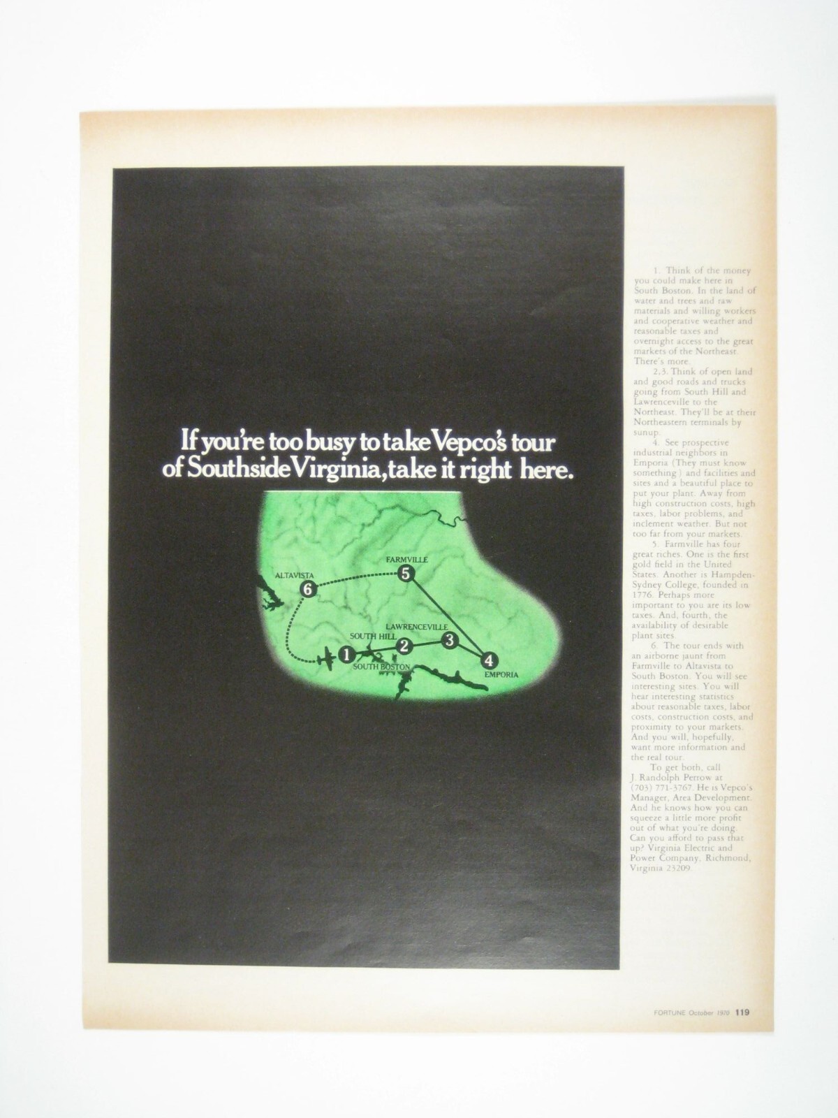 Vintage Vepco Southside Virginia Tour Advertising Print 1970 Map Southern Virgin
