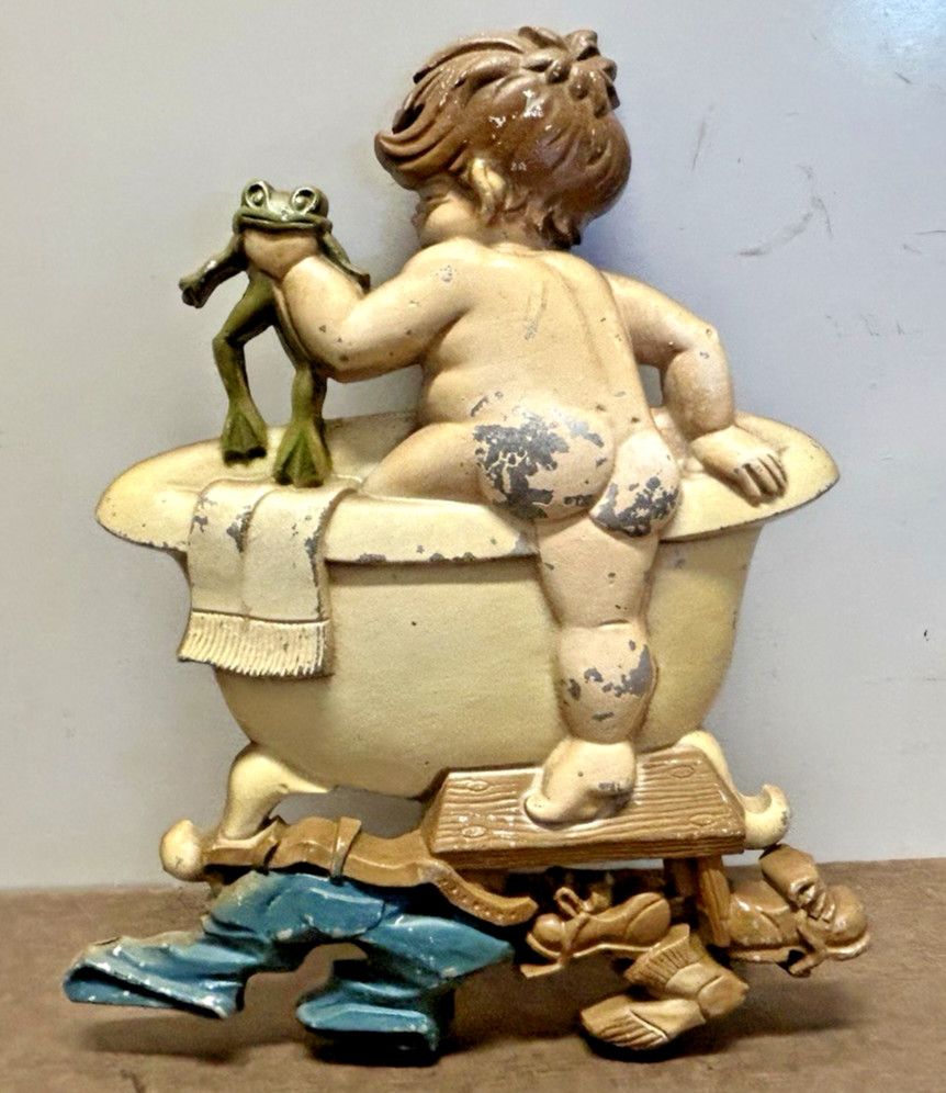 Vintage 1970 Sexton Metal Wall Art Plaques Boy taking Frog into Bath Distressed