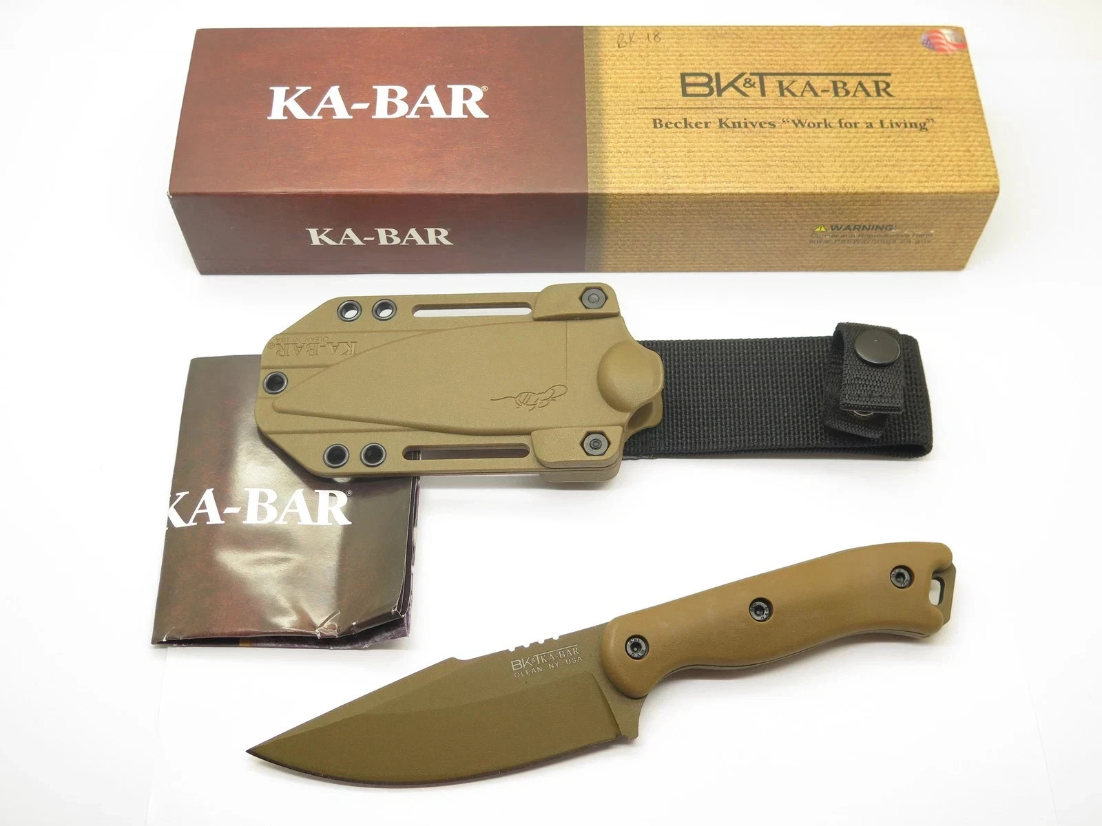Ka-Bar BK-18 USA Becker Harpoon Tan Handle Fixed Blade Hunting Camp Knife NEW