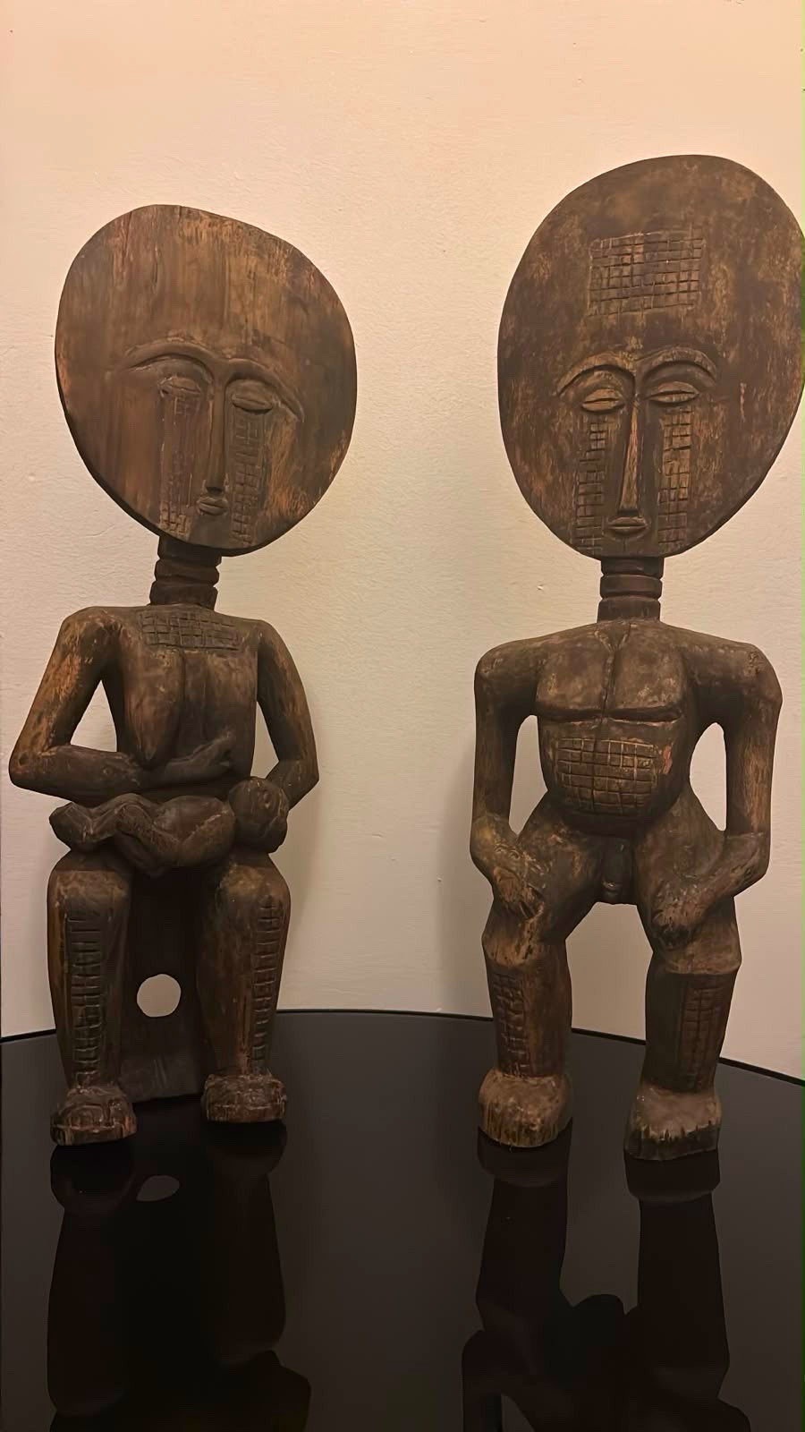 Pair Vintage African Ashanti Style Akua'ba Wooden Statue Figures (~24