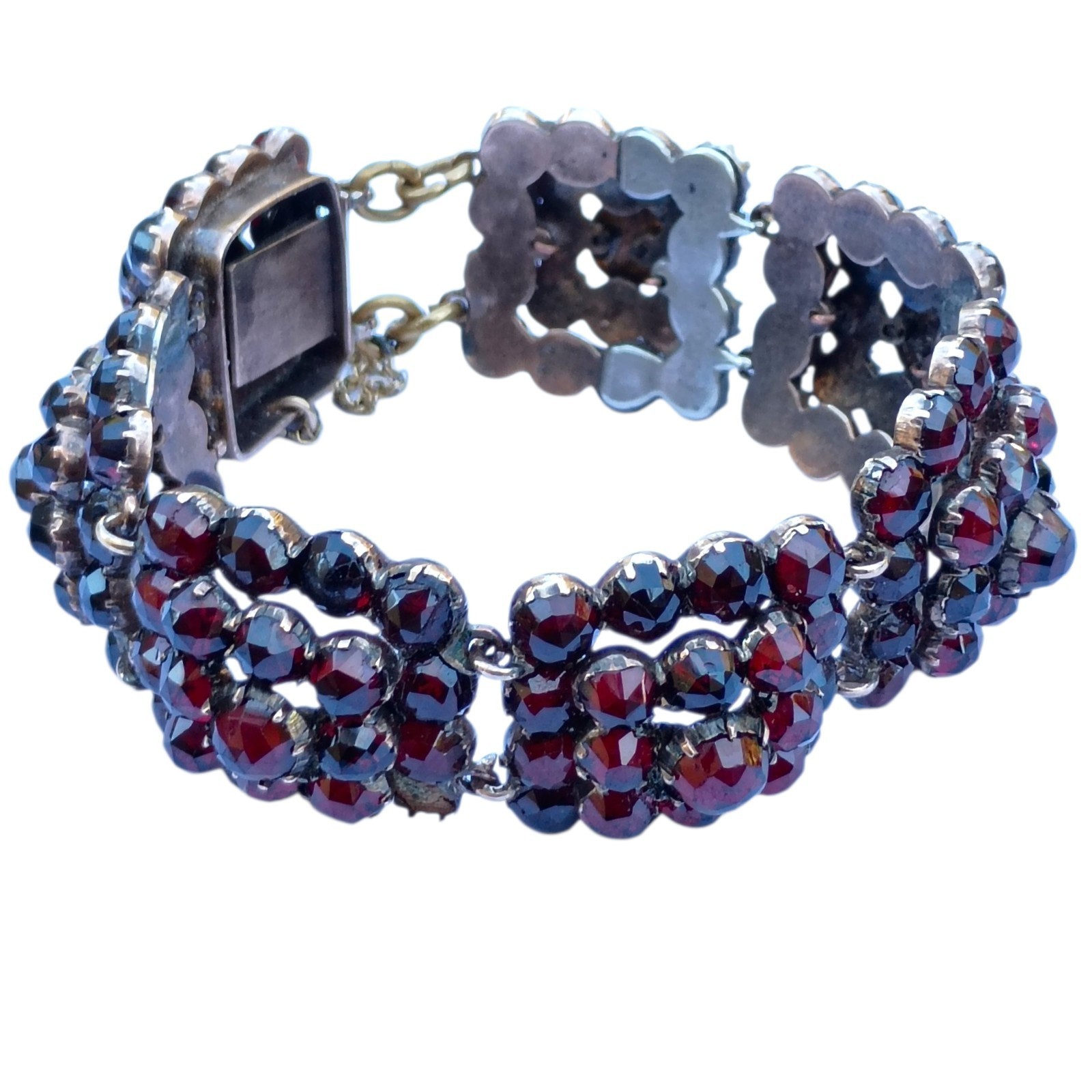  Victorian Antique Gilt Silver Cluster Bohemian Garnet Bracelet For Repair 