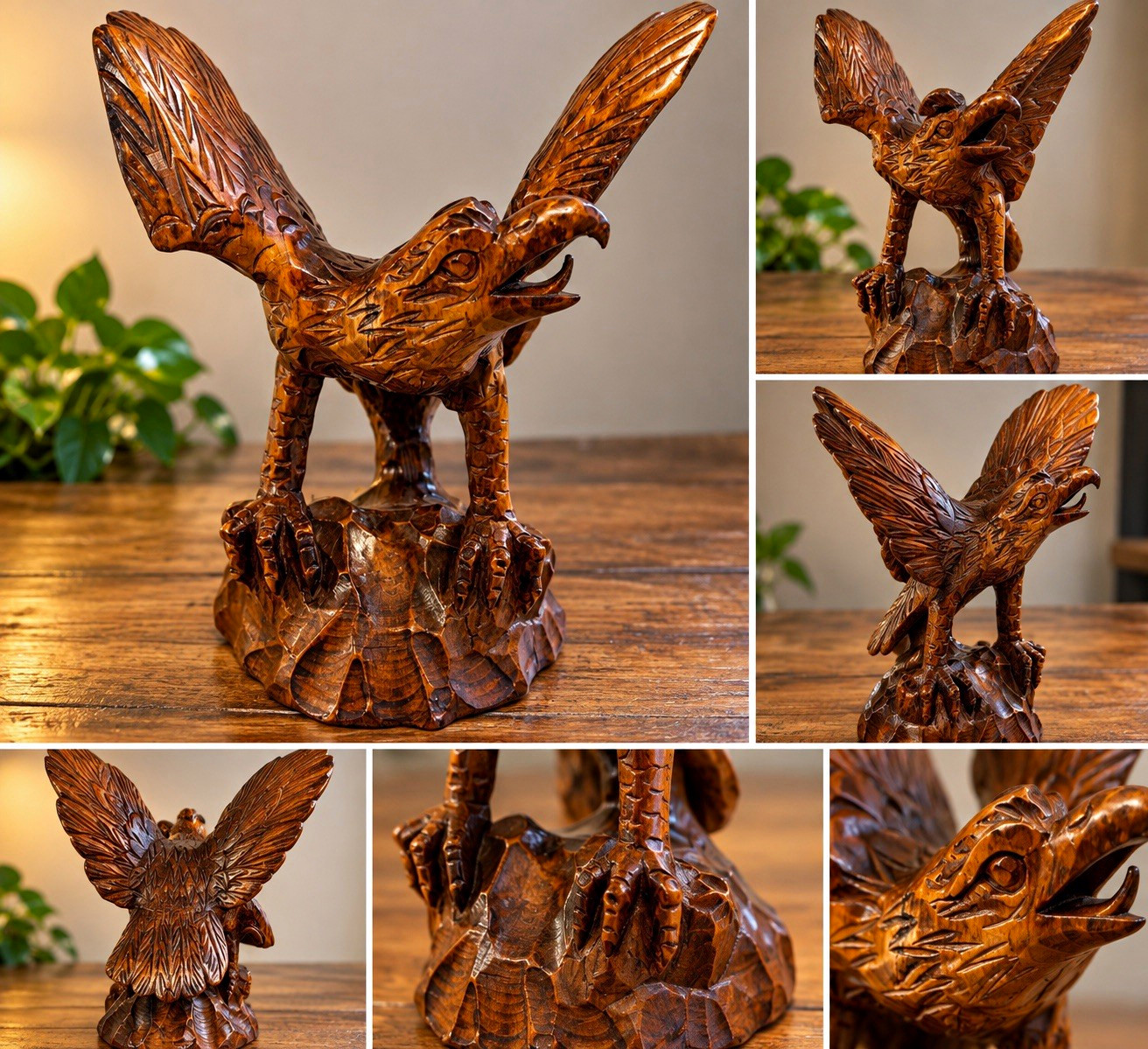 Handmade Hand-Carved Wooden Eagle Sculpture – Spread Wings Rustic Wildlife Art