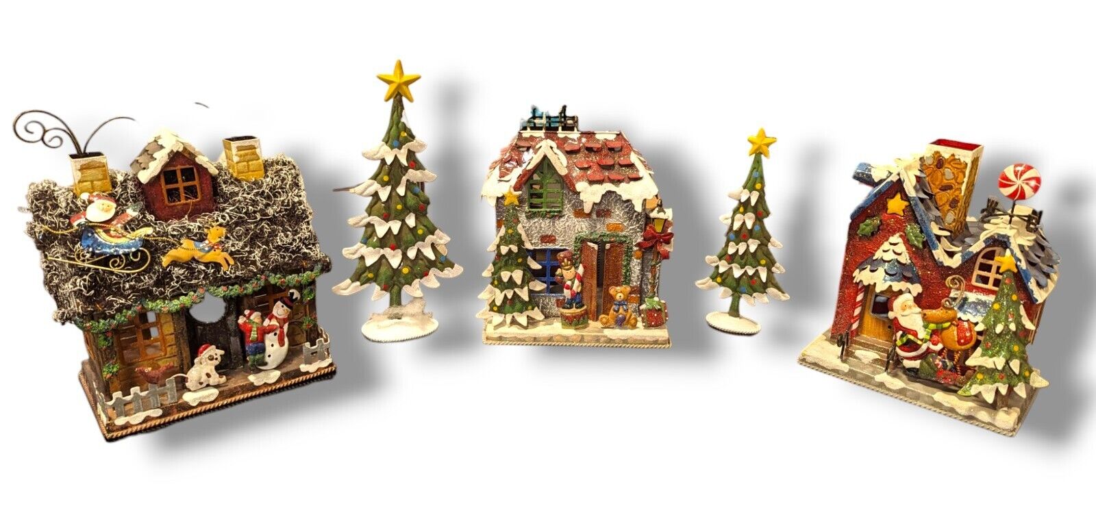 Beautiful Cute Whimsical Glittery Metal Costco Christmas Village 3 Houses & Tree