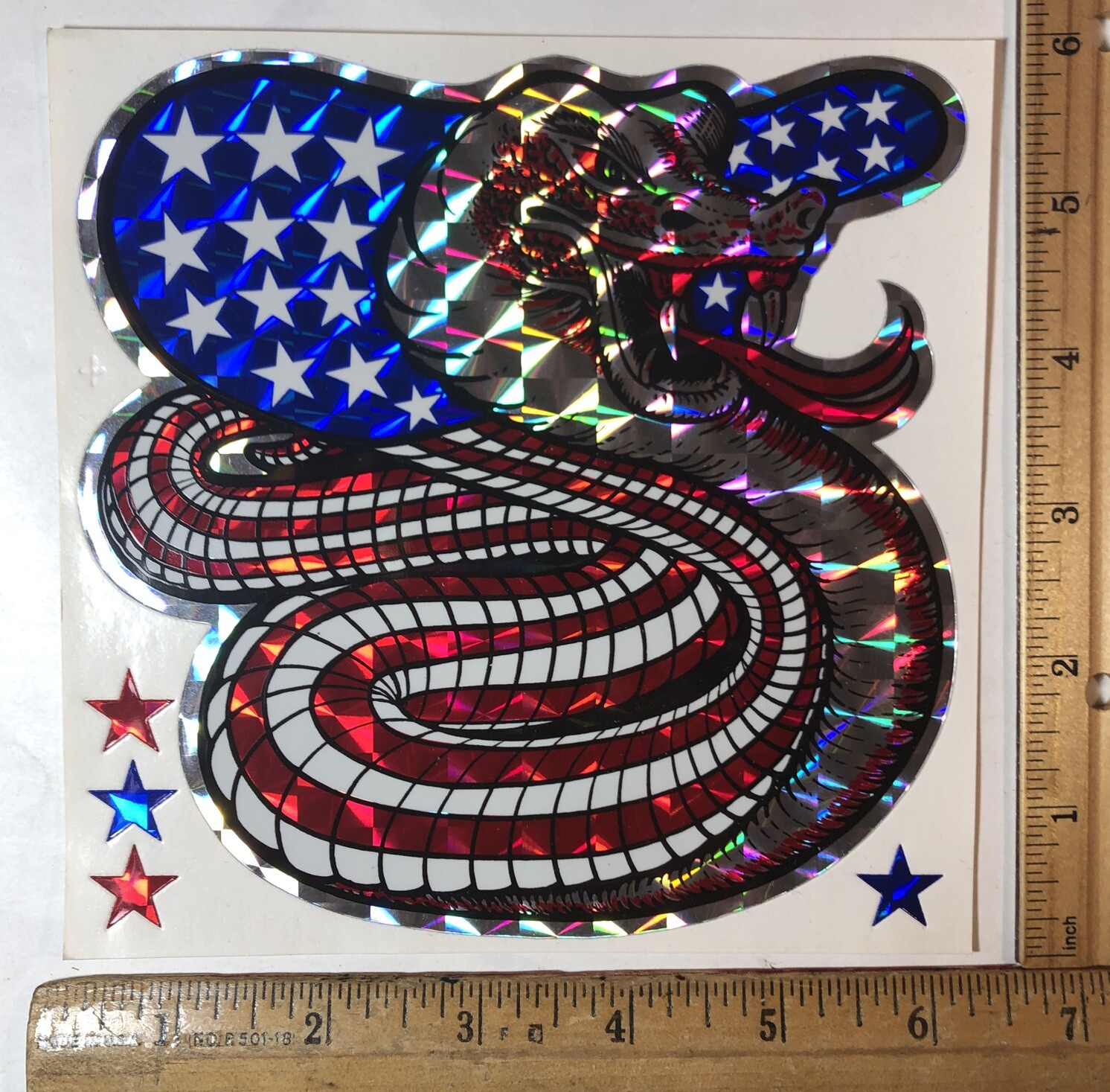 Vintage 1970s Large King Cobra Snake USA Flag Decal Bumper Sticker Prism
