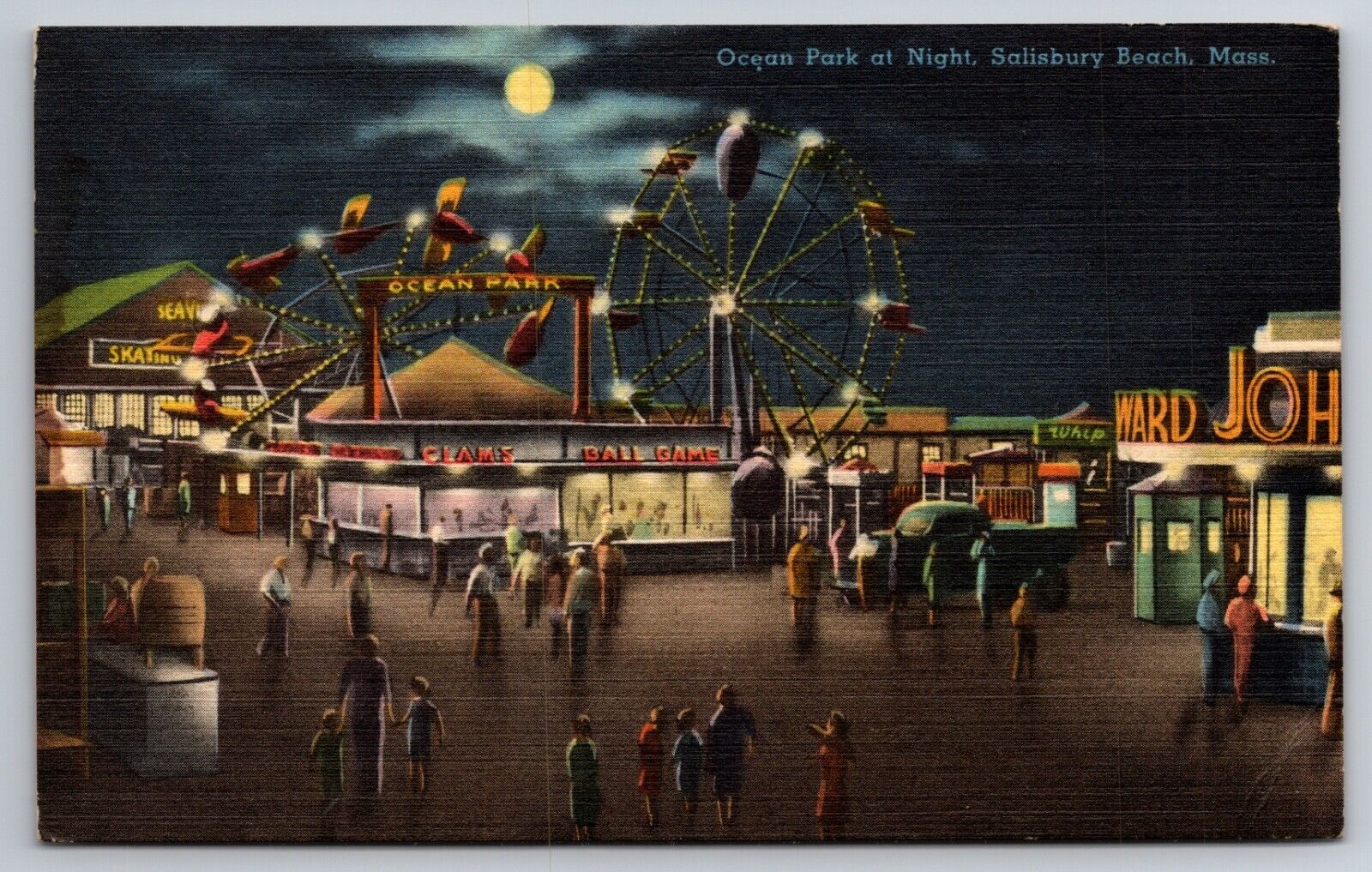 Ocean Park at Night Salisbury Beach Massachusetts Ferris Wheel Linen c1940 PC