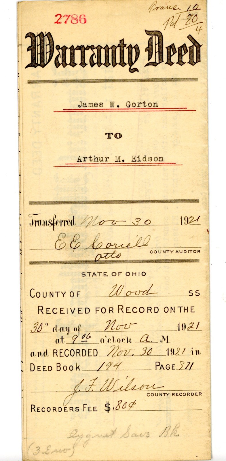 1921 Ohio Warranty Deed — James W. Gorton to Arthur M. Eidson, Wood County