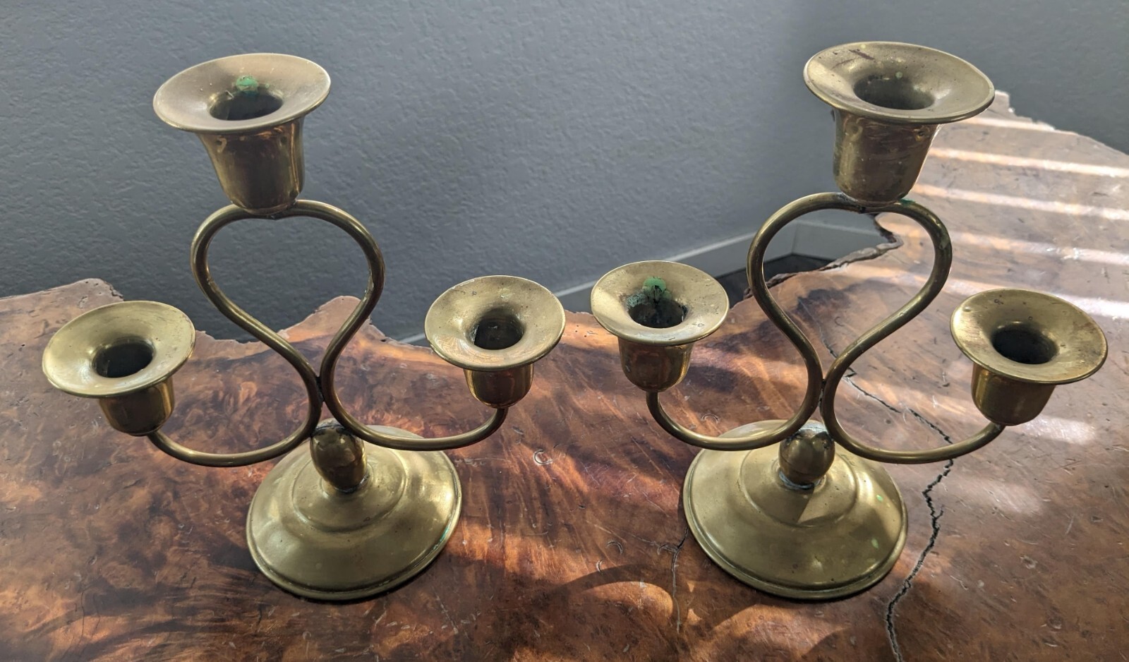 Pair 3 Arm Candelabra Brass Candlesticks