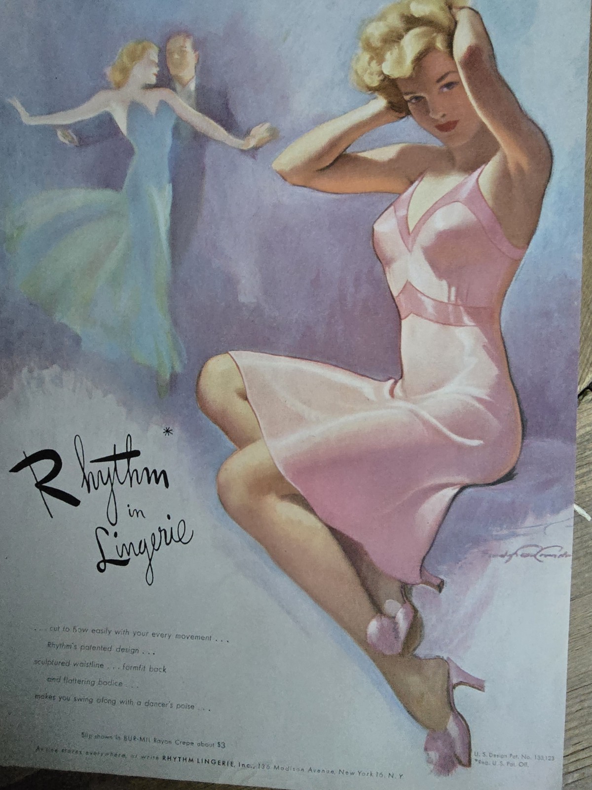 1944 Rhythm Pink Slip Vintage Bradshaw Crandell Fashion Lingerie Art Ad  