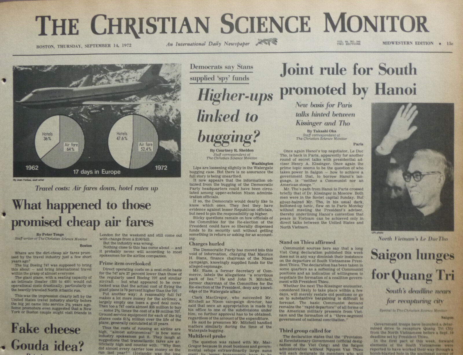 ULSTER PEACE SHRINKS HANOI SAIGON - September 14, 1972 Int Newspaper C S Monitor