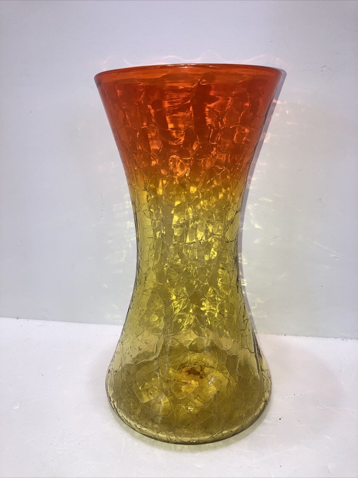 Blenko Tangerine ombre Crackle Glass  Vase 11” Vintage