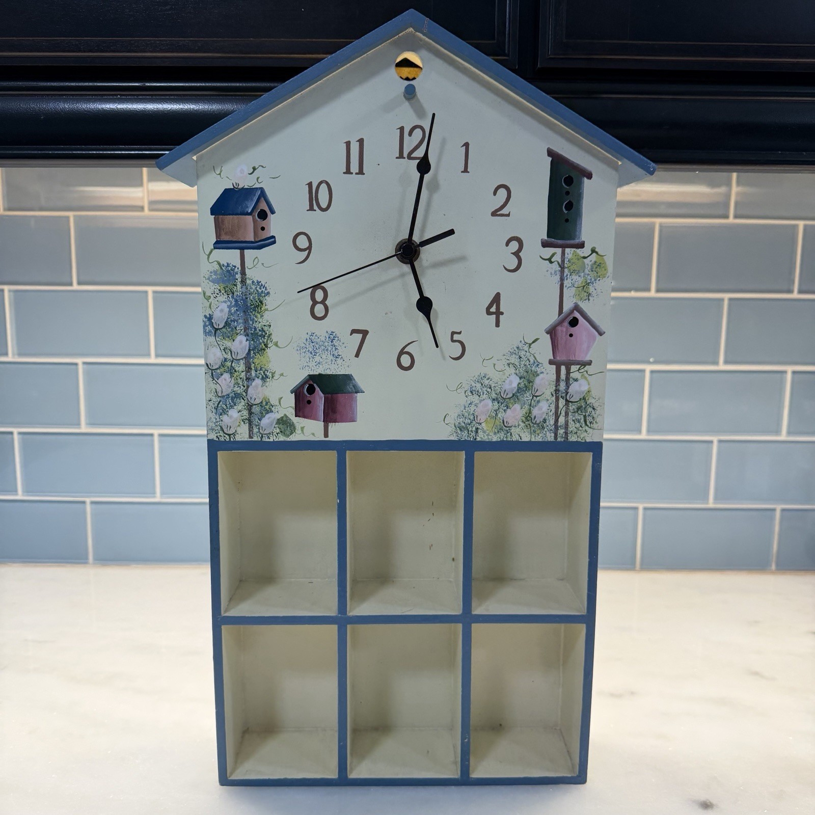 Vintage Wooden Birdhouse Wall Clock 6 Cubby Shelf Hand Painted Cottagecore Decor
