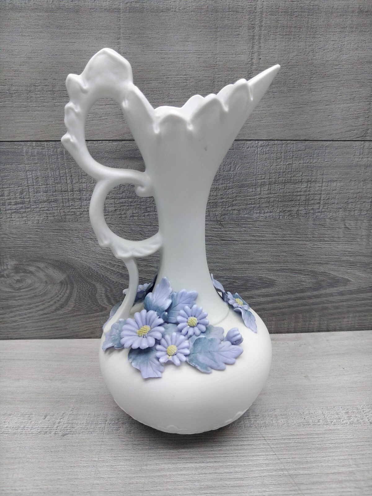 Blue Ewer Flowers Bud Vase Vintage Raised White Ceramic Applied Decoration