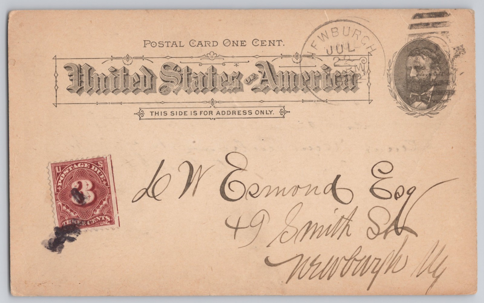 Newburgh, NY, One-Cent United States Postal Stationery Undivided Back, Jul 2