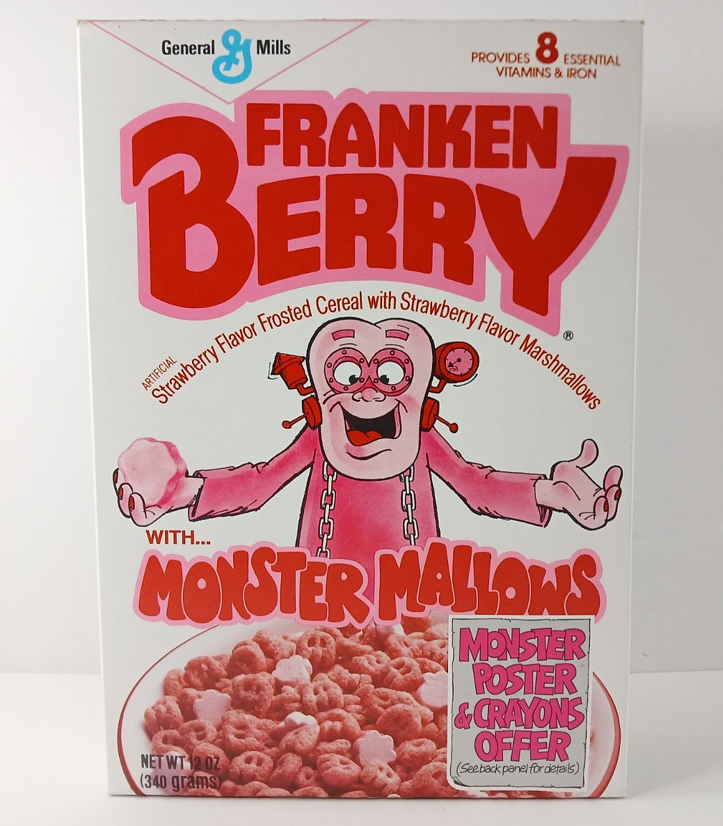 Vintage 1987 FRANKEN BERRY Monster Mallows Empty Cereal Box POSTER CRAYONS OFFER