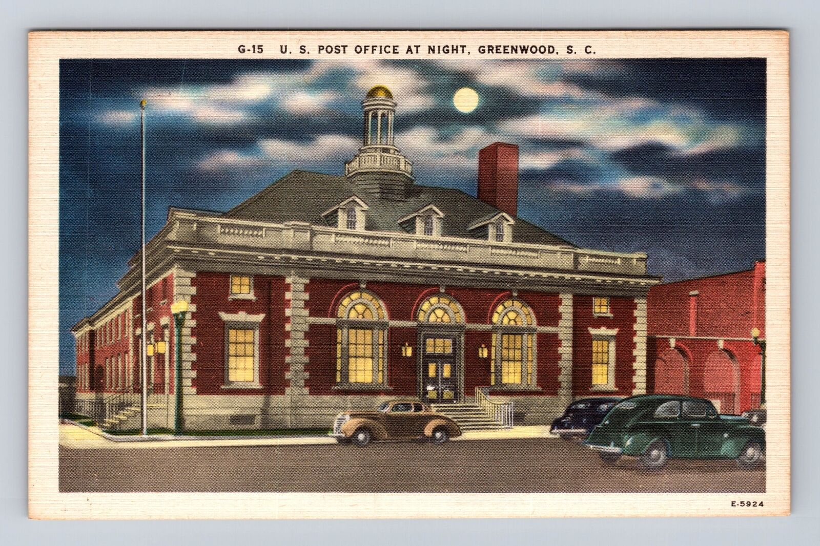 Greenwood SC-South Carolina, U.S Post Office at Night, Antique Vintage Postcard