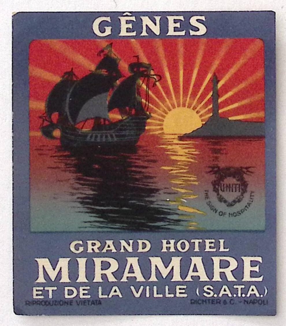 Grand Hotel Miramare GENES GENOA ITALY c1940 Art Deco Luggage Label 2.75 Grand Hotel Miramare GENES GENOA ITALY c1940 Art Deco Luggage Label 2.75