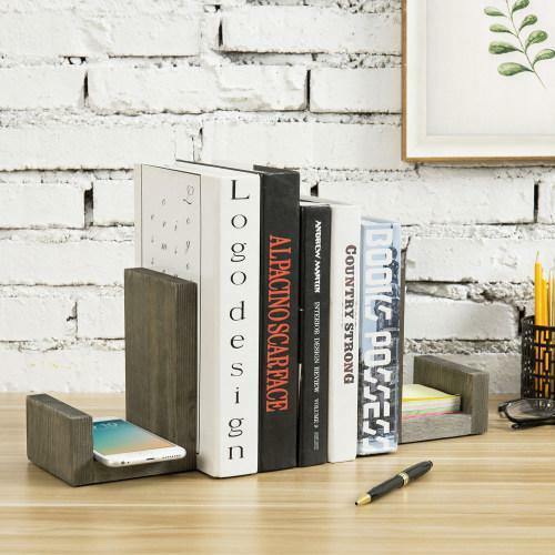 Gray Solid Wood Bookends - Office Desk Decorative Book Stands w/ L-Shaped Design