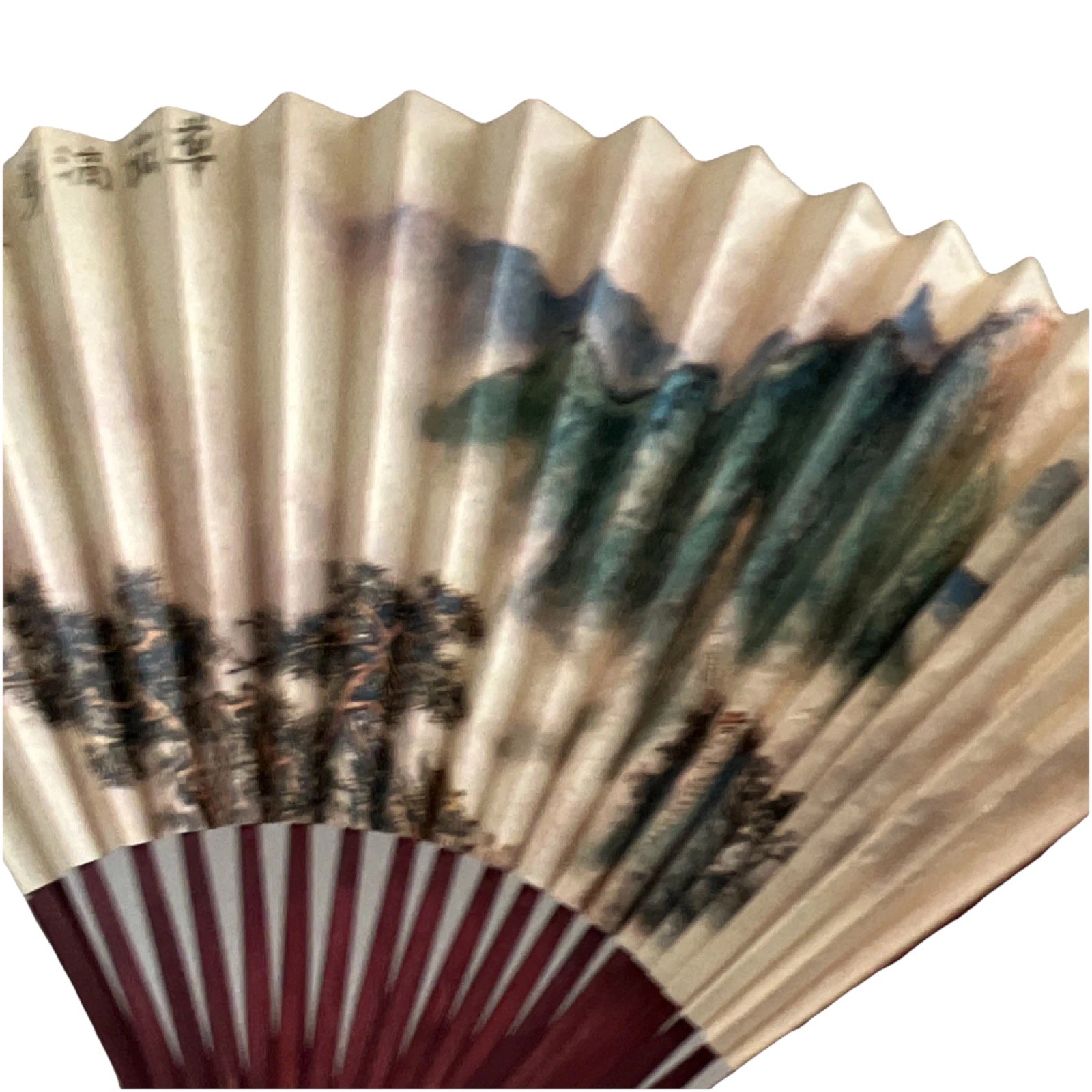 VTG Handmade Chinese Folding Fan Two Sided Landscape Painting and Calligraphy