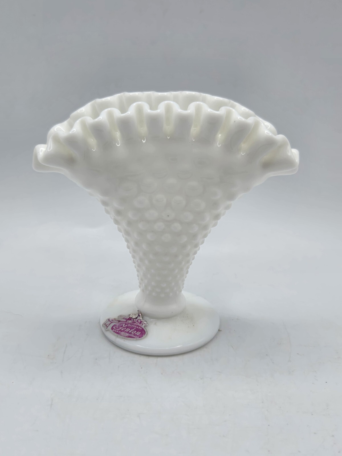 1960s Fenton White Hobnail Fan Milk Glass Vase • Ruffled Edge  4