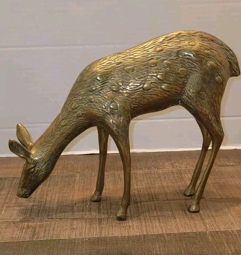 Vintage Spotted Brass Doe Fawn Deer Figurine Grazing Profile MCM 8