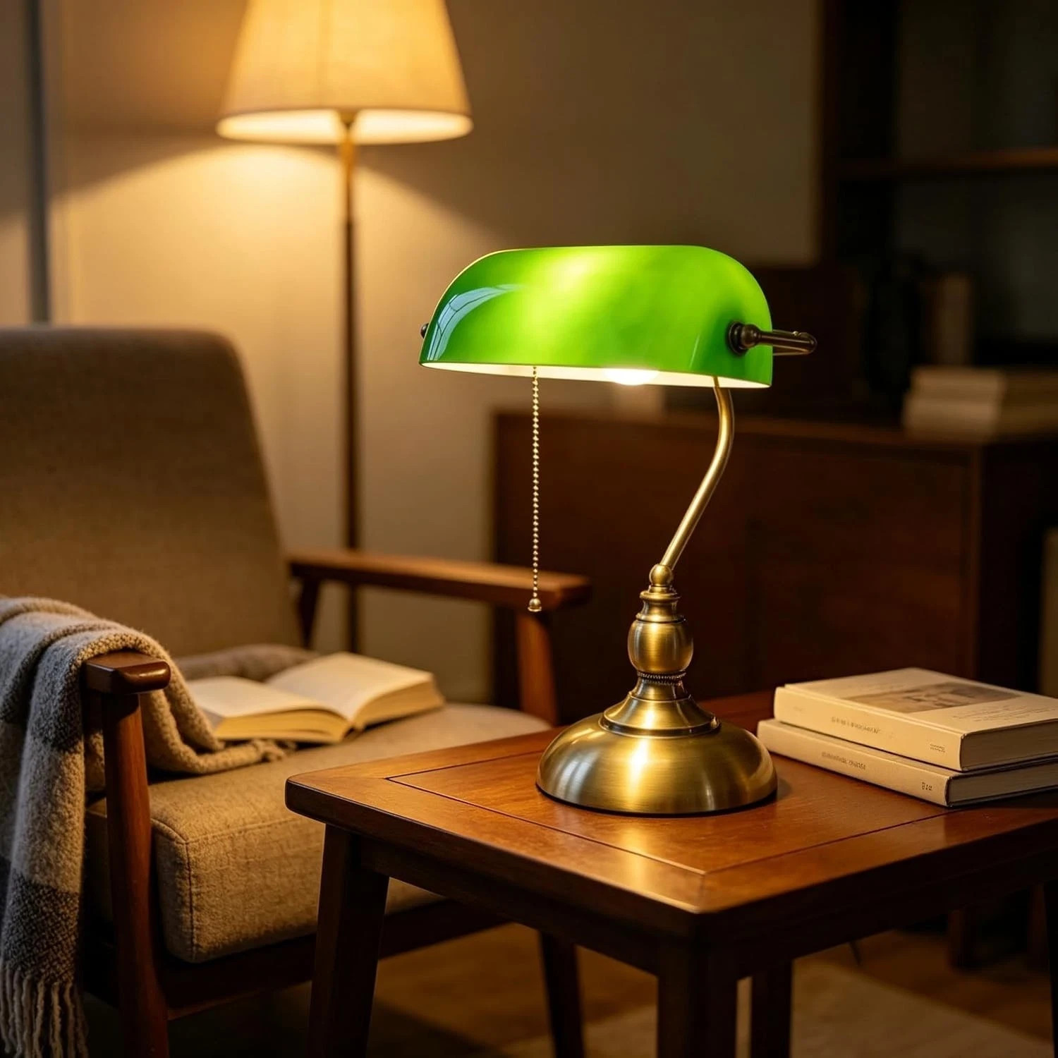 Bankers Desk Lamp, Green Glass Shade, Vintage Desk Lamp with Pull Chain Switch,
