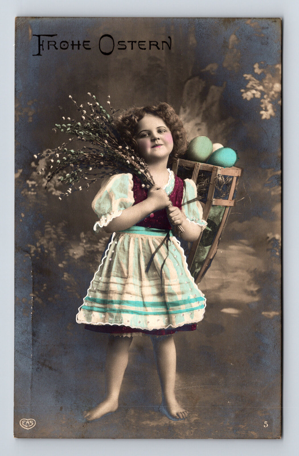 RPPC Hand Tinted German EAS Portrait Young Girl Easter Egg Basket Postcard