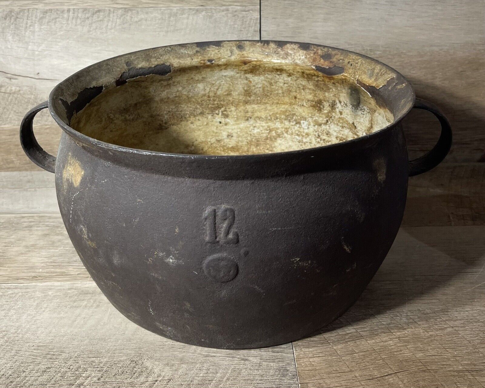 Antique Cast Iron Kettle Cauldron Double Handles 11” Opening Flat Bottom