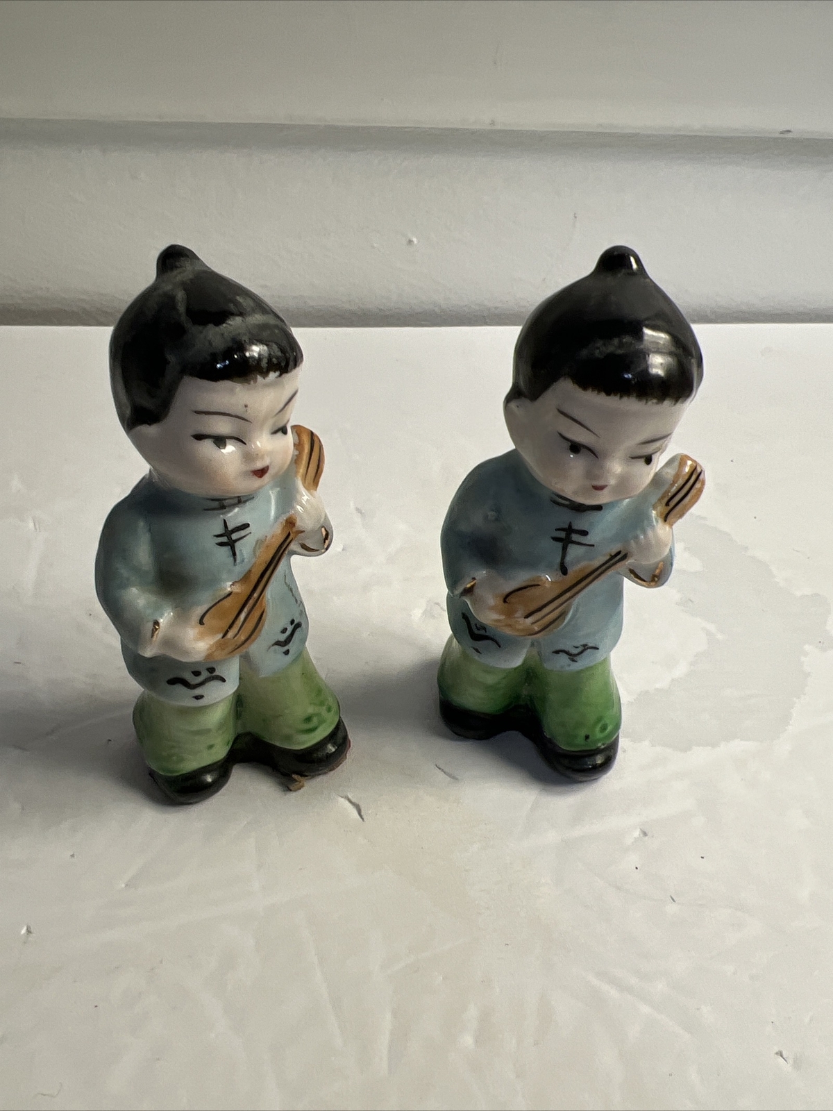 VTG Set 2 Japanese Man Playing Mandolin Figurine Shelf Decor Japan