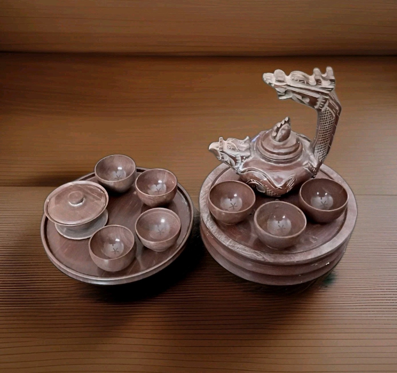 Vintage 15-Pc Hand-Carved Shoushan Stone Dragon Teapot Set & WARMER 7 Cup MARKED