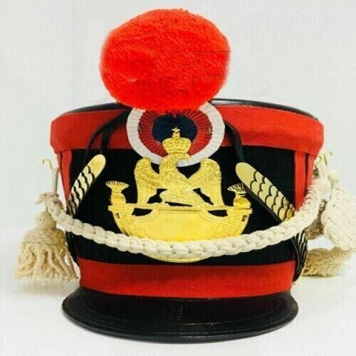 New French Napoleonic Shako Helmet with Red Plume Leather helmet