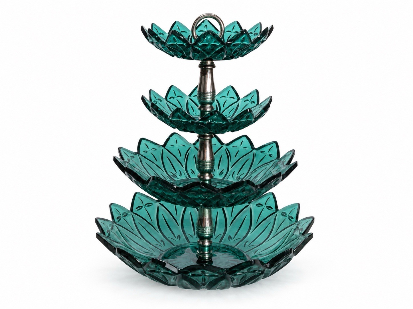 Vintage Federal Glass Petal Teal Blue 4 Tier Tidbit Server Stand MCM Centerpiece